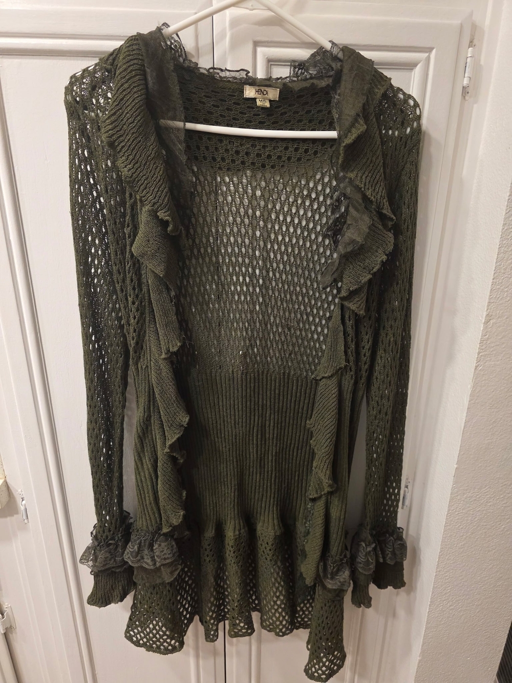 Hendi Women's Olive Open-Knit Ruffle-Trim Cardigan ~ Size M/L